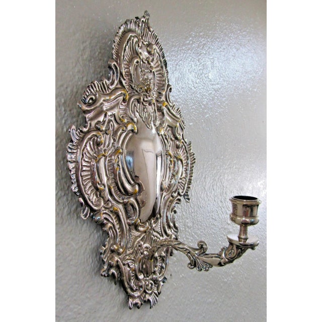 Late 19th Century Matched Pair of Blaker Baroque-Style Repousse Silver Plated Brass Candle Sconces For Sale - Image 4 of 11