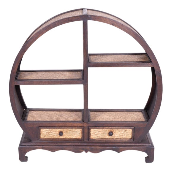 Round Ethnic Cabinet in Acacia Wood and Rattan with Shelves and Drawers For Sale