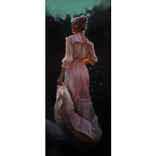 Into the Night by Sara Scribner | Oil on Aluminum Woman in a white dress standing under a night sky. For Sale