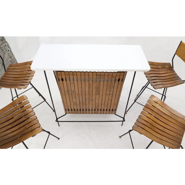 Mid-Century Modern Arthur Umanoff Set of 4 Rattan Wrought Iron Bar Stools with Matching Bar For Sale - Image 3 of 13