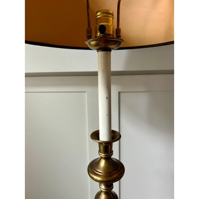 Metal Vintage Mid-Century Modern Hollywood Regency Gold Stacked Orb Floor Lamp With Black Hardback Drum Sh For Sale - Image 7 of 17