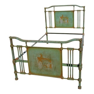 1800s Antique European Cast Iron Steel Green Orange Shabby Chic Bedframe For Sale