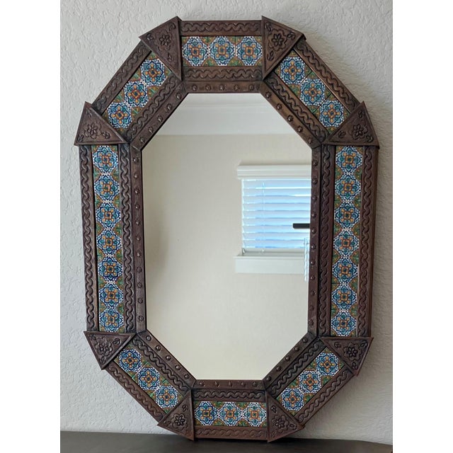Circa 2005 Mexican Bronzed Hojalata (Tin Art Work) & Talavera Tile Mirror - Hangs Vertically or Horizontally For Sale - Image 12 of 14