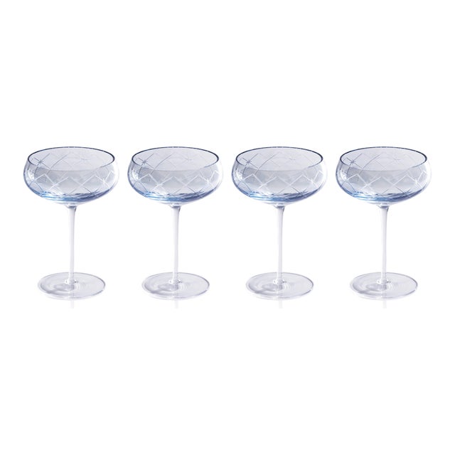 Baby Blue Audrey 4-Piece Set Hand Etched Coupe Glasses, Blue Luster For Sale - Image 8 of 8