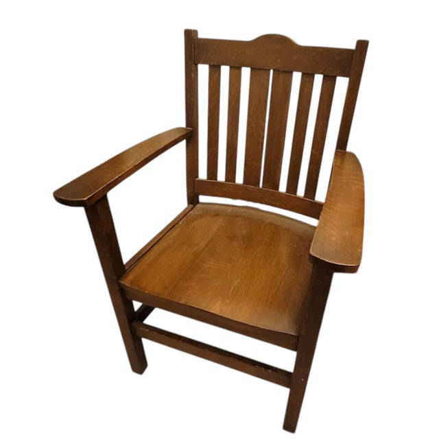Arts & Crafts Mission Oak Slat Back Dining or Side Chair circa 1910. In the Stickley style, possibly W.H. Gunlocke. Wide,...