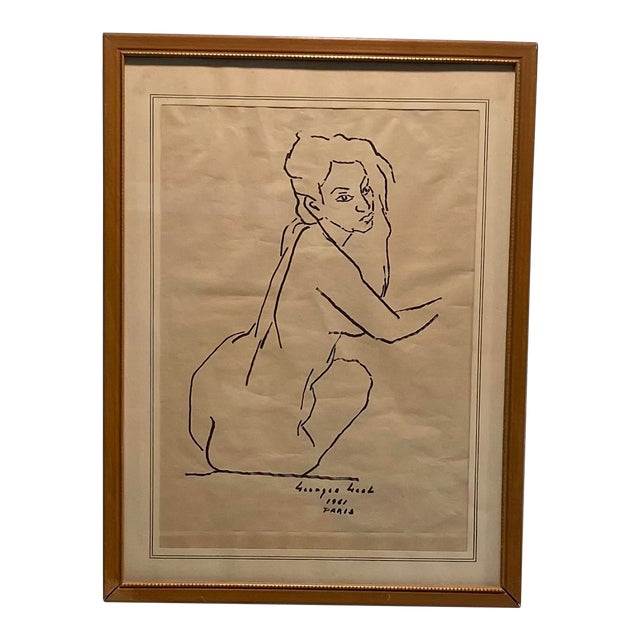 Mid-Century Modern Ink Drawing Signed Dated Paris For Sale