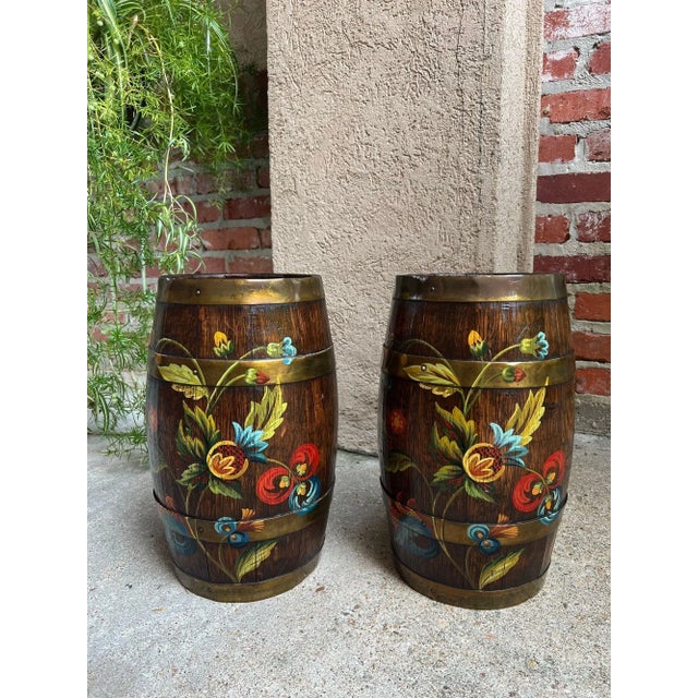 PAIR Set Antique English Oak Barrel Jardinière Planter Rosemaling Hand Painted. Direct from England, a matched pair of...
