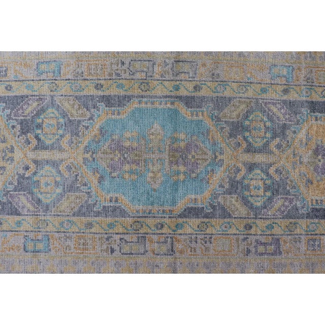 Blue Turkish Oushak Runner in Pale Blue and Soft Gold Medallion Design 2'7 X 12'1 For Sale - Image 8 of 11