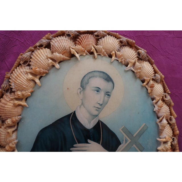 Large and charming vintage kitsch seaside souvenir depicting Saint Gerard, whose oval, chromo portrait under curved glass...