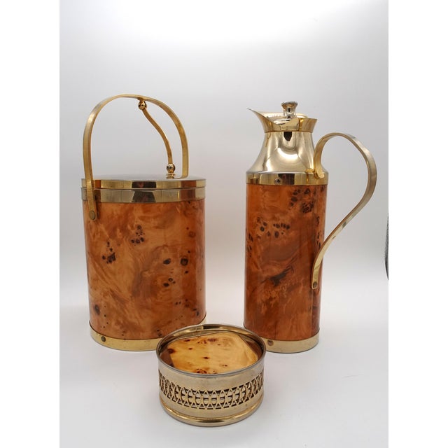 Italian Walnut Serving Set Including Tray, Ice Bucket, Thermos and Coasters, 1970s, Set of 4 For Sale - Image 14 of 18