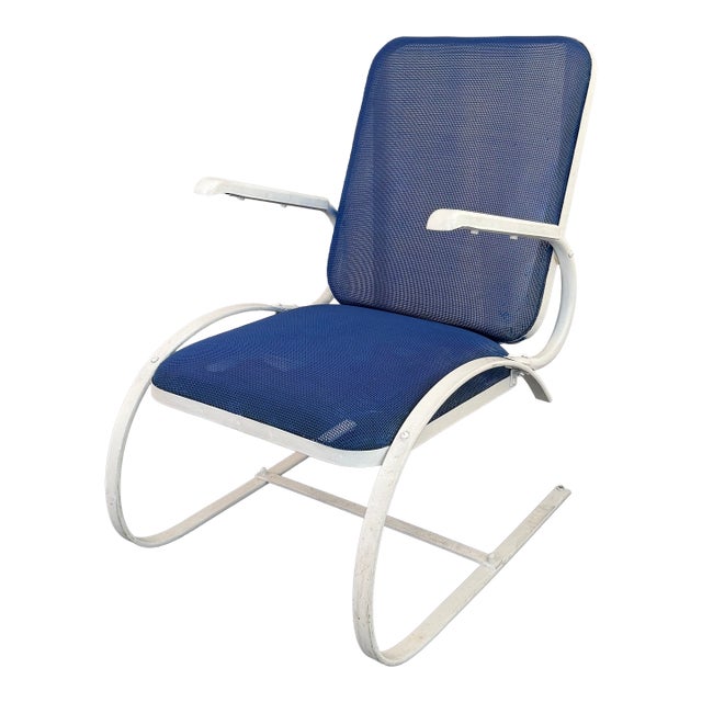 Mid-Century Modern Blue Mesh Cantilever Outdoor Patio Armchair For Sale