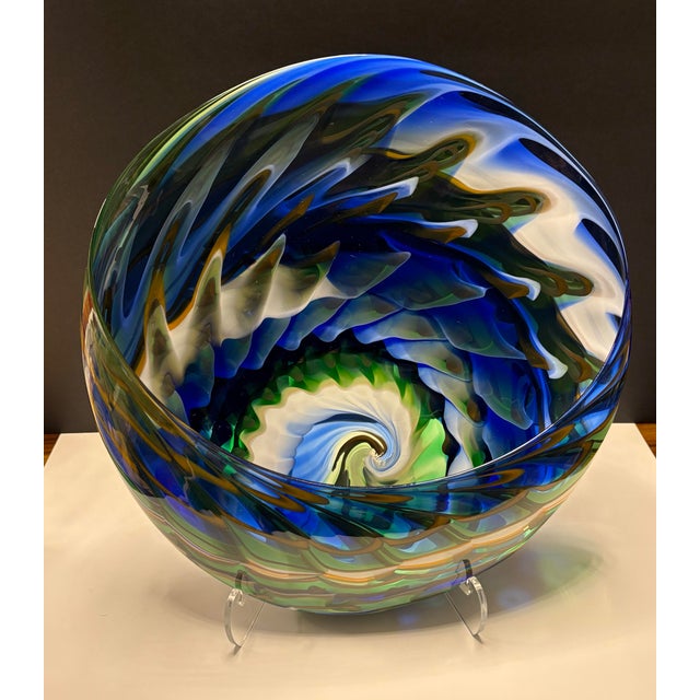 Late 20th Century Late 20th Century Signed Mark Wagan Studio Art Glass Bowl – Blue Green Vortex Swirl Sculptural Vessel For Sale - Image 5 of 12