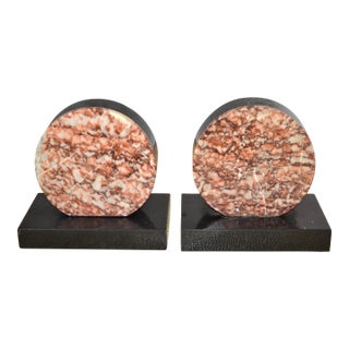 1930s Beige Marble Hand Carved 3 Colors Sphere Rectangle Bases Art Deco Bookends- Set of 2 For Sale