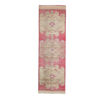 1970s Vintage Turkish Hand-Knotted Wool Cotton Pink Runner Rug For Sale