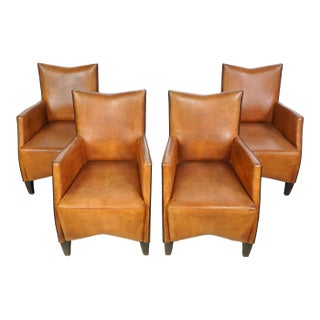 Mid 20th Century Vintage European Mid Century Brown Leather Arm Dining Chairs- Set of 4 For Sale