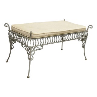 Late 20th Century Decorator Wrought Iron Scrolling French Country Style Gray Lattice Bench For Sale