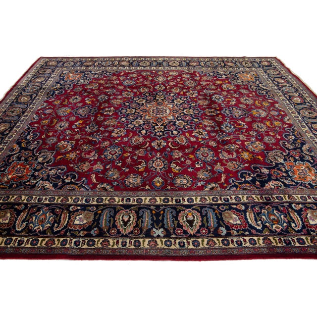 Vintage Mashad Persian Wool Rug in Red With Rossette Motif For Sale In New York - Image 6 of 8