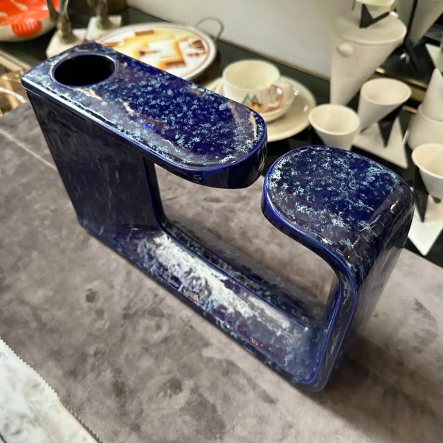 Modern 1970s Post Modern Blue Ceramic Vase by Rigon for Bertoncello For Sale - Image 3 of 10