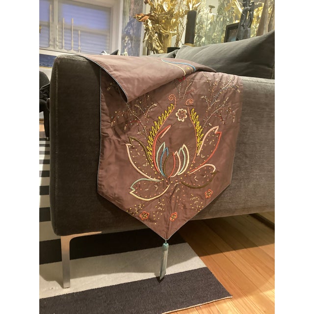 Sethi & Sethi Modern Lotus Flora Embroidered Silk Throw/Table Runner For Sale In New York - Image 6 of 8