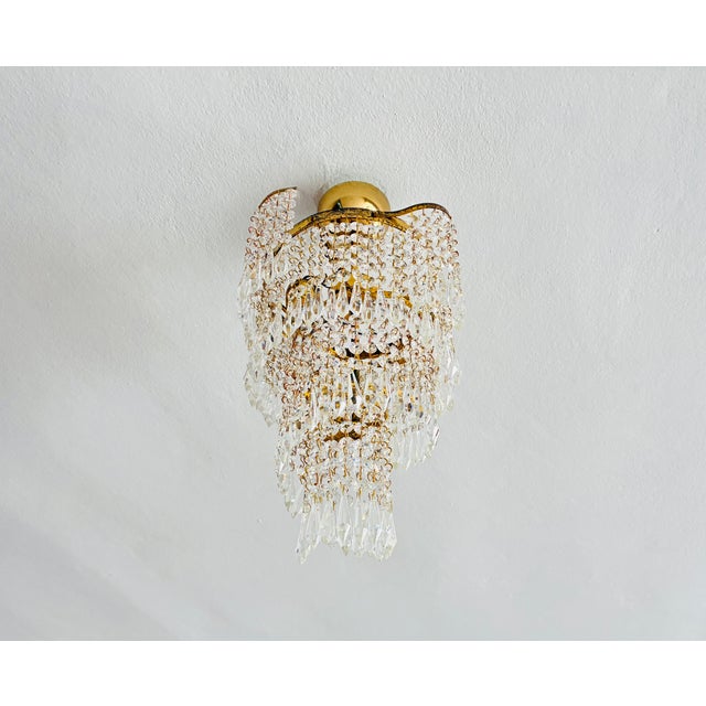 1960s French-Style Custom Crystal Cascade Flush Mount Chandelier A striking 1960s French-inspired crystal chandelier...