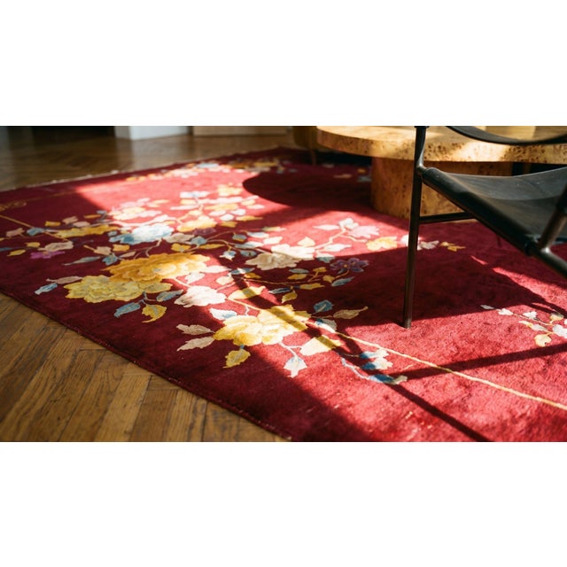 1930s Red Burgundy Floral Antique Chinese Art Deco Rug 8' 6" X 11' 6" Handknotted Wool Carpet For Sale - Image 9 of 9