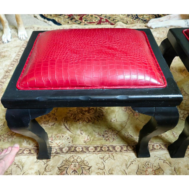 Hollywood Regency Faux Crocodile Embossed Leather Ottoman Bench Stool - Set of 2 For Sale - Image 3 of 12