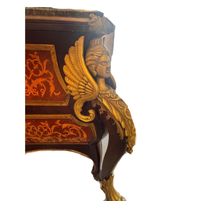 Vintage French Louis XIV Style Walnut Bombe Commode, Mid-20th Century – Marble Top & Ormolu For Sale - Image 13 of 18