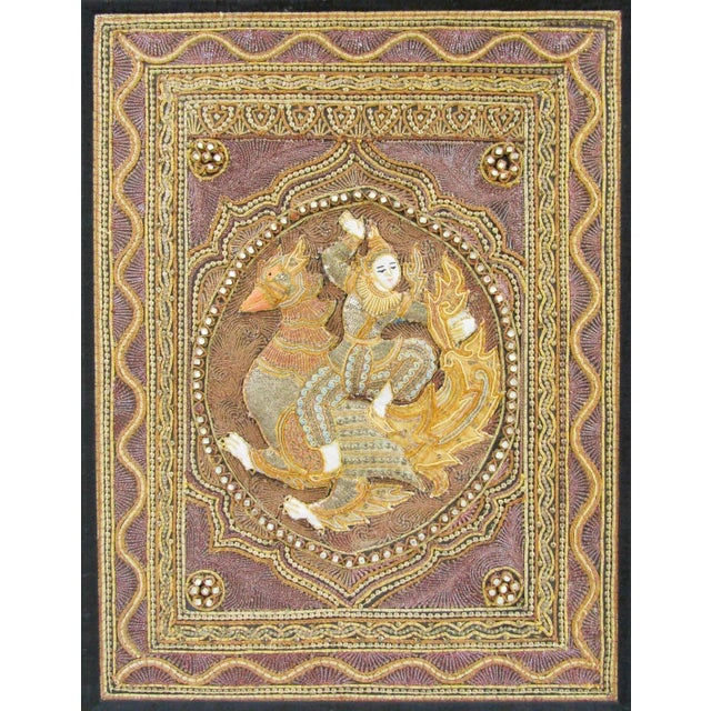 Asian Framed Antique Myanmar Thai Burmese Kalaga Padded Tapestry With Phoenix Bird For Sale - Image 3 of 13