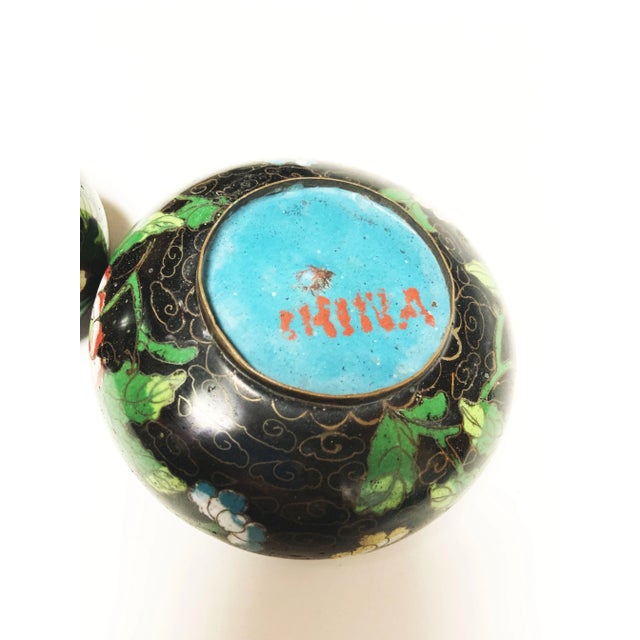 Black Pair of Antique Black Floral Cloisonné Bowls Vessels, Marked China For Sale - Image 8 of 12
