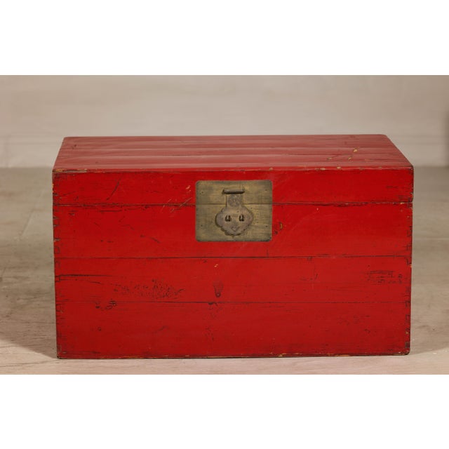 Wood Antique Red Lacquer Blanket Chest with Brass Hardware and Spacious Storage For Sale - Image 7 of 12