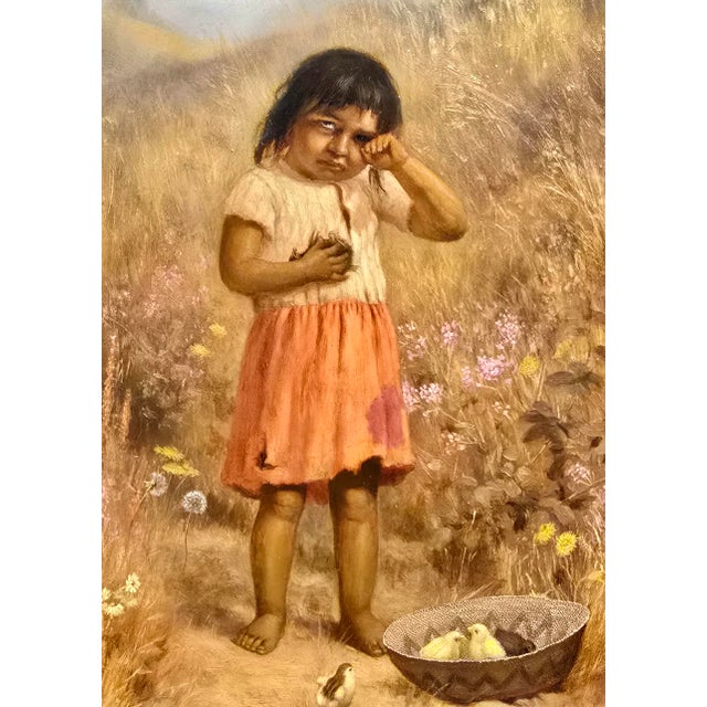 Late 19th Century Alice Coutts –Young Native American Pomo Girl W/Her Chicks-19th C. Oil Painting For Sale - Image 5 of 13