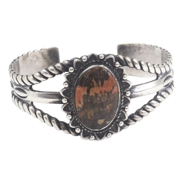 Mid 20th Century Southwestern Native American Style Sterling Silver Agate Cuff Bracelet For Sale