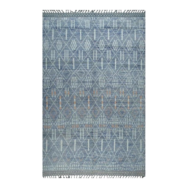 6x9 Blue Hand-Knotted Wool Diamond Lattice Geometric Modern Carpet Rug For Sale
