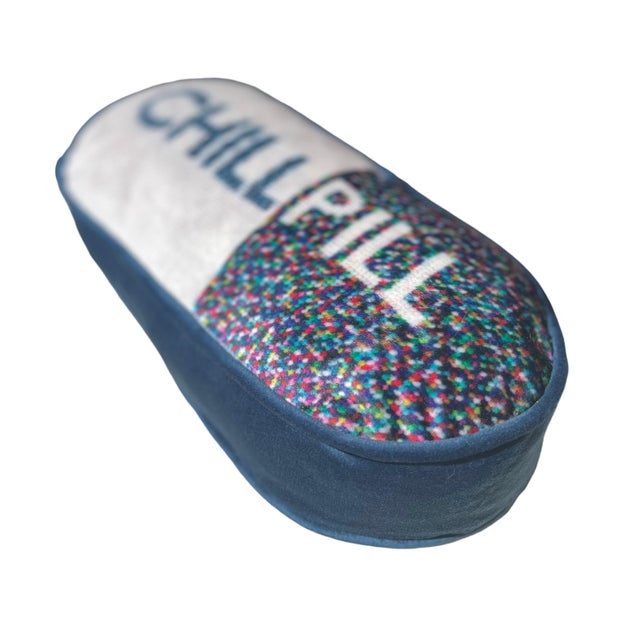 Original "Chill Pill" Sculpted Blue Velvet Pillow, Custom Made Original Design For Sale - Image 4 of 6
