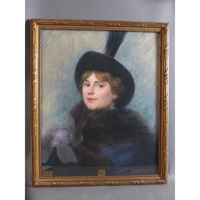 Humbert-Vignot, Art Deco Style Portrait, Pastel For Sale - Image 6 of 7