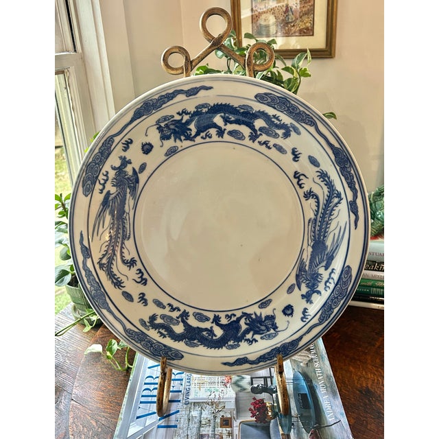 Vintage Blue and White Dragon and Phoenix Chinoiserie 14.75” Charger on Stand For Sale - Image 4 of 12