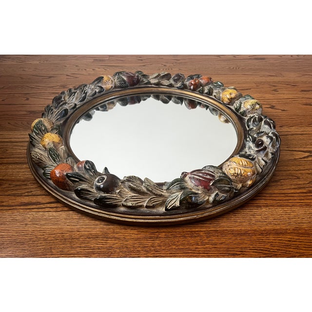 Vintage La Barge Hand-Carved & Hand-Painted Italian Fruit Motif Beveled Round Wall Mirror, 30⅛" For Sale In Chicago - Image 6 of 12
