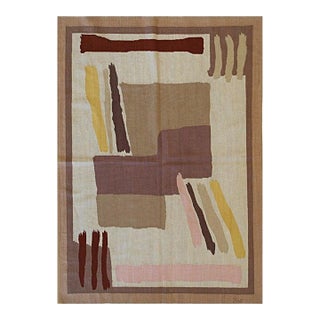 6x8 Ivory Flat Weave Wool Brushstroke Blocks Vintage Mid Century Carpet Rug For Sale