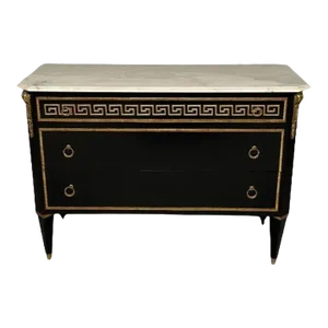 Hollywood Regency Ebonized Cabinet / Commode, Greek Key Motif, Bronze Mounted