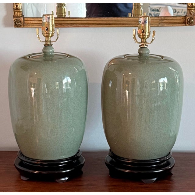 Chinoiserie Vintage Chinoiserie Celadon Crackle-Glaze Ginger Jar Table Lamps With Wooden Bases For Sale - Image 3 of 11