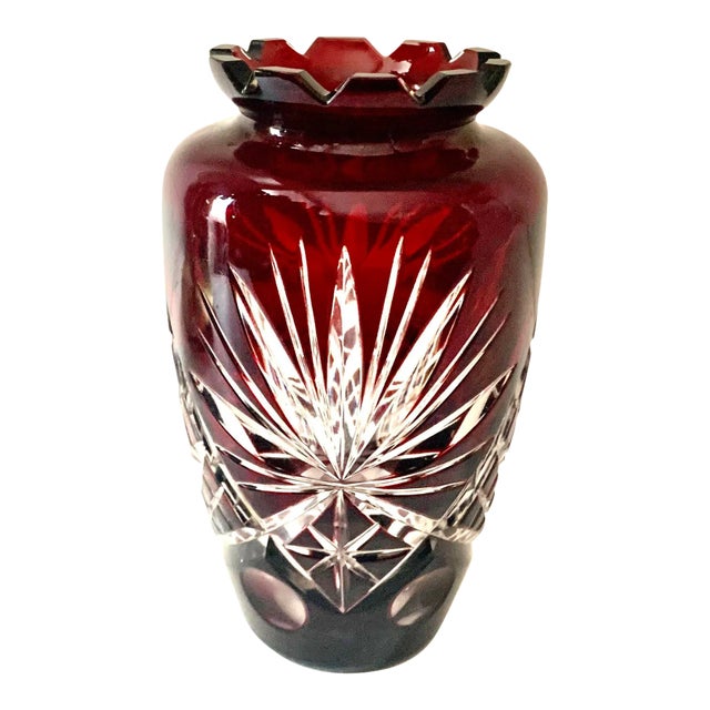 Vintage Hand Cut Red Crystal Vase From Europe For Sale