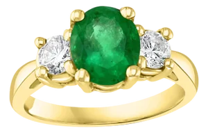 Oval Emerald and Diamond Three-Stone Ring 14 Karat Yellow Gold