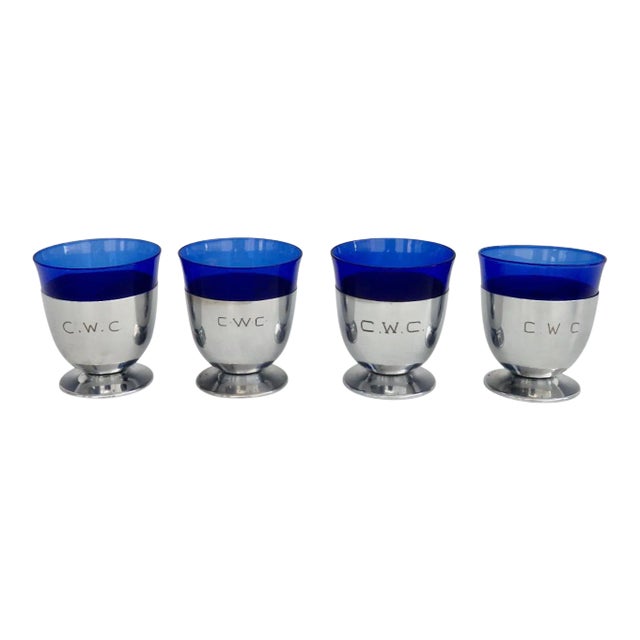 Art Deco Monogramed Chrome with Cobalt Blue Glass Cocktail Glasses - Set of 4 For Sale