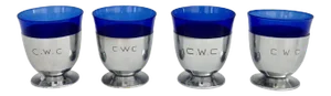 Art Deco Monogramed Chrome with Cobalt Blue Glass Cocktail Glasses - Set of 4