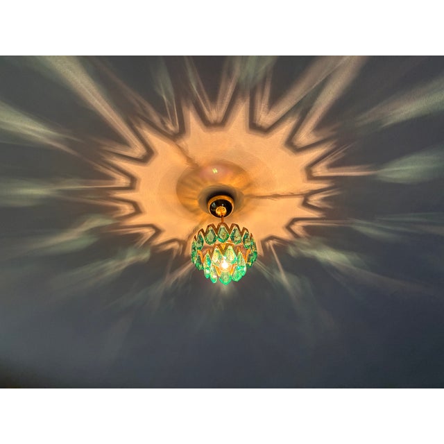 1960s Luxury Mini Brass Chandelier With Turquoise Crystal Drops, Starburst Shadow Ceiling Projection Light, Restored Antique Style Light Fixture For Sale - Image 13 of 18