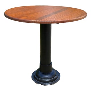 Antique Round Oak Top Pub Table or Game Table With Cast Iron Column Base For Sale
