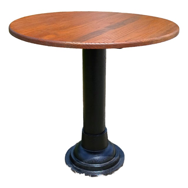 Antique Round Oak Top Pub Table or Game Table With Cast Iron Column Base For Sale