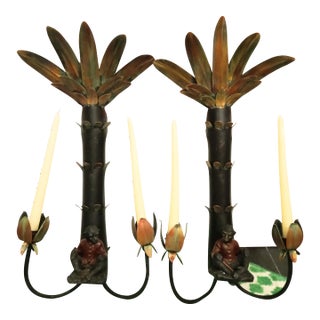 Vintage Hand Painted Cast Iron Palm Tree Monkey Wall Candle Sconces- a Pair For Sale