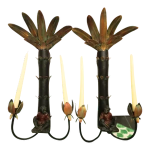 Vintage Hand Painted Cast Iron Palm Tree Monkey Wall Candle Sconces- a Pair