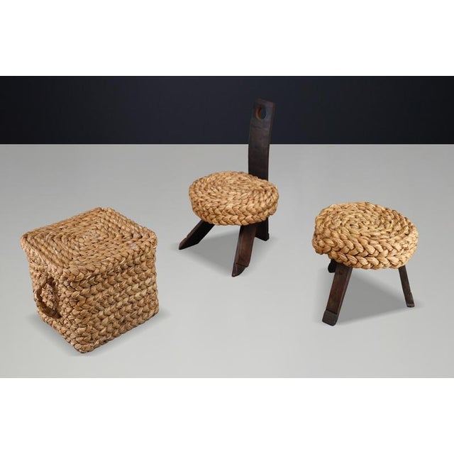 Vintage French Rope Chair with Stool and Basket from Audoux Minet, 1960s, Set of 3 For Sale - Image 8 of 15